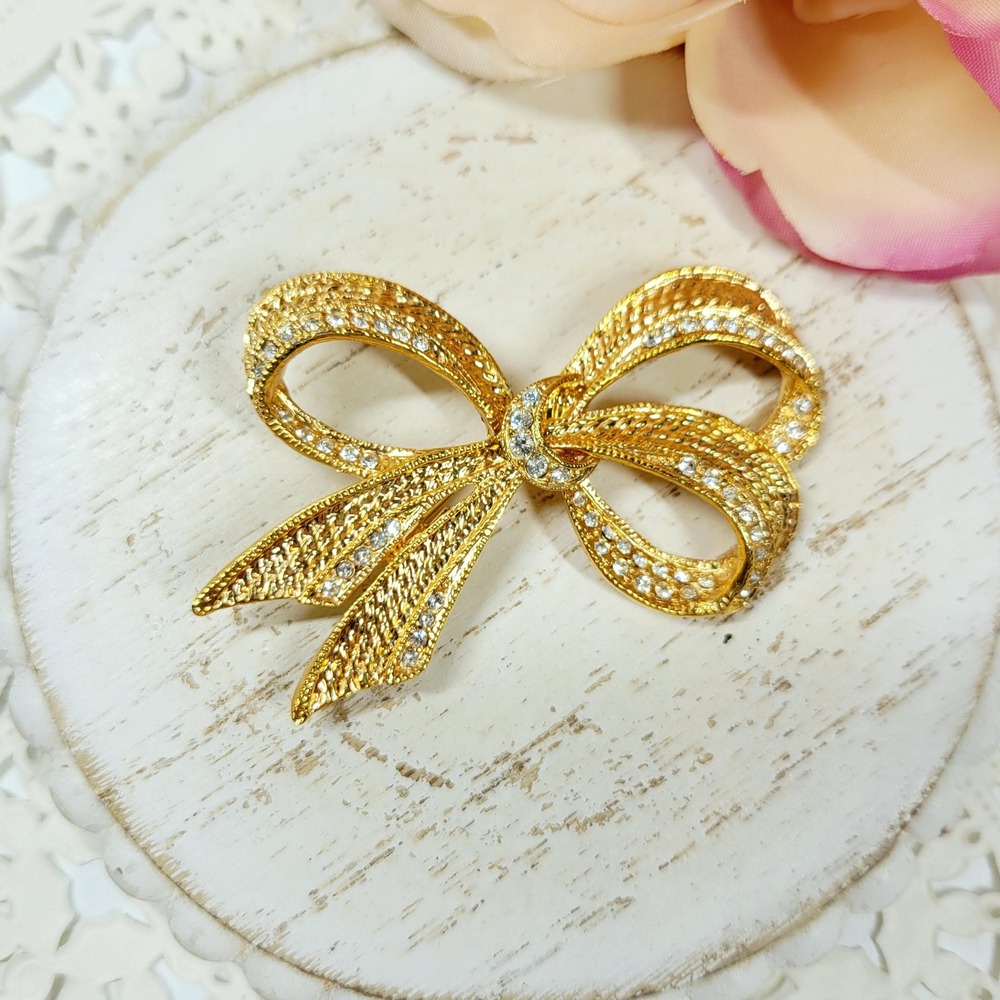 Vintage Roman Gold Electroplate Bow Brooch Pin with Austrian Crystals 90s